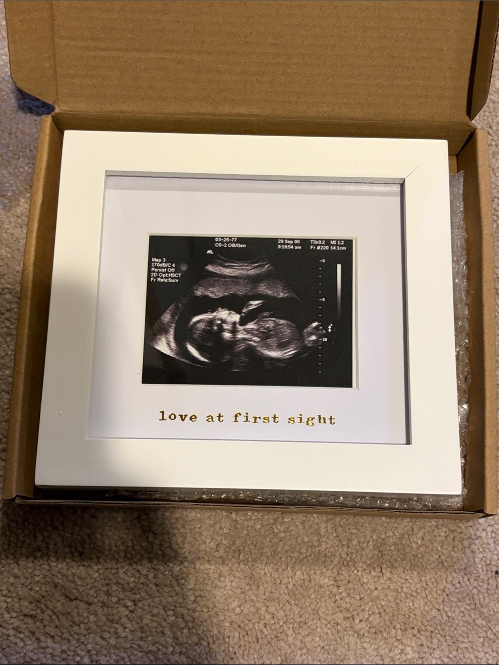 White "love at first sight" sonogram photo frame